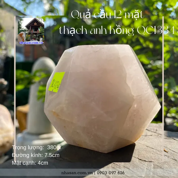 Quả cầu 12 mặt thạch anh hồng QC1334 nặng 380gr, đường kính 7.5cm