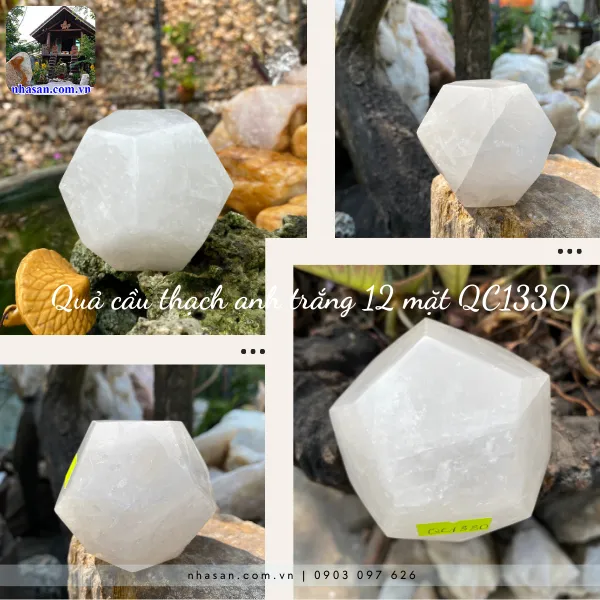 Quả Cầu Thạch Anh Trắng 12 Mặt QC1330, nặng 380gr, đường kính 7.5cm