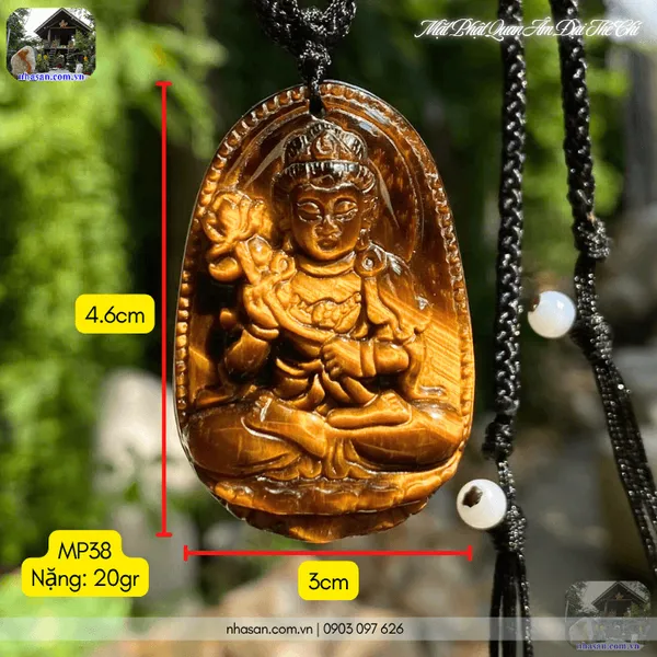 Mặt Phật Quan Âm Đại Thế Chí đá mắt hổ nặng 20gr, cao 4.6cm x ngang 3cm x dày 0.9cm