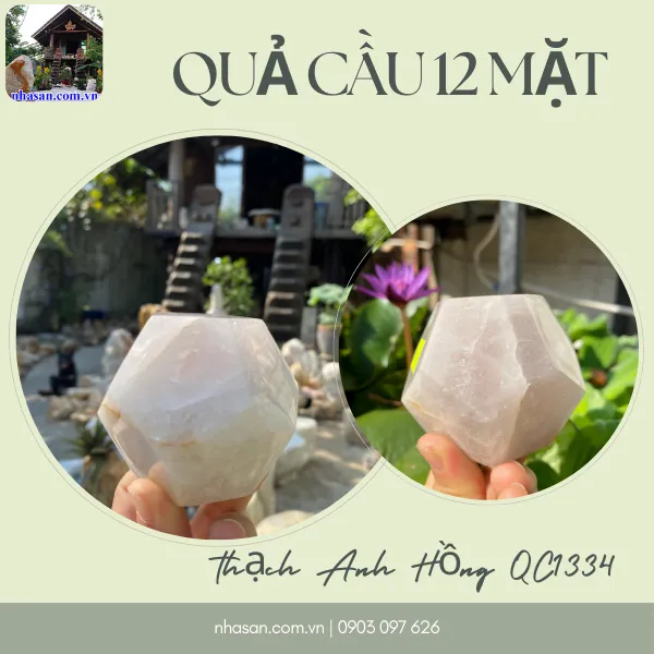 Quả cầu 12 mặt thạch anh hồng QC1334 nặng 380gr, đường kính 7.5cm