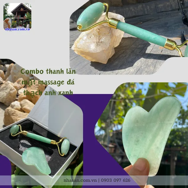 Combo thanh lăn mặt massage đá thạch anh xanh