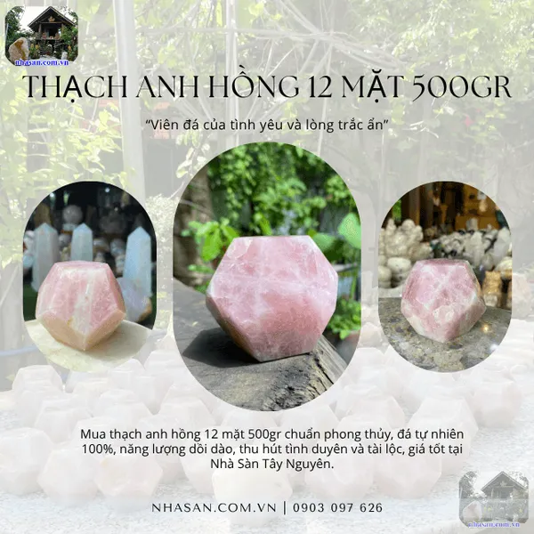 Đá thạch anh hồng 12 mặt 500gr QC1406 đường kính 7.8cm