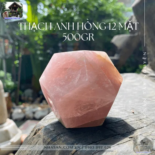 Đá thạch anh hồng 12 mặt 500gr QC1406 đường kính 7.8cm