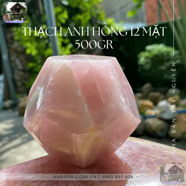 Đá thạch anh hồng 12 mặt 500gr QC1406 đường kính 7.8cm