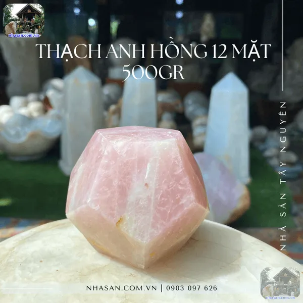 Đá thạch anh hồng 12 mặt 500gr QC1406 đường kính 7.8cm