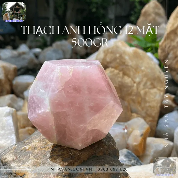 Đá thạch anh hồng 12 mặt 500gr QC1406 đường kính 7.8cm