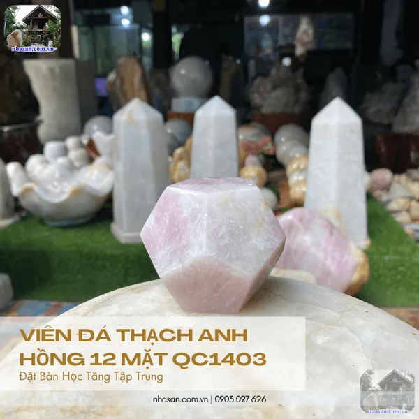 Thạch anh hồng 12 mặt QC1403 nặng 440gr, đường kính 7.6cm