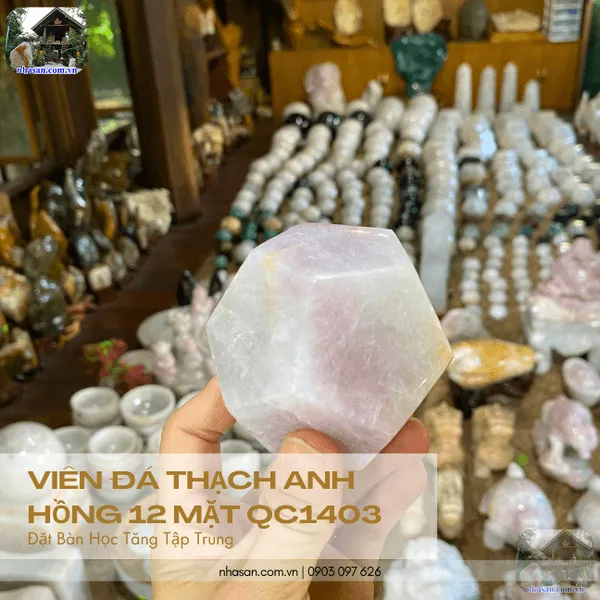 Thạch anh hồng 12 mặt QC1403 nặng 440gr, đường kính 7.6cm