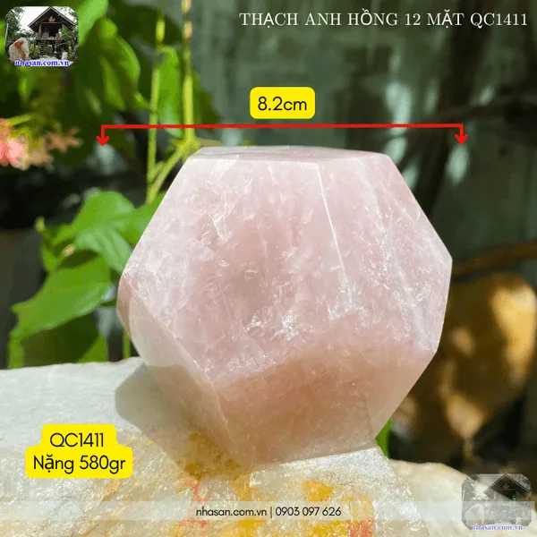 Thạch anh hồng 12 mặt QC1411 nặng 580gr, đường kính  8.2cm