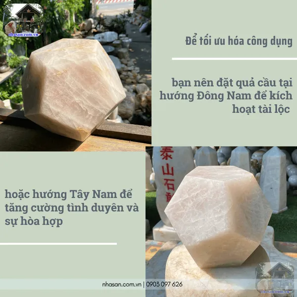Đá thạch anh hồng 12 mặt QC1458 nặng 9.2kg đường kính 19cm