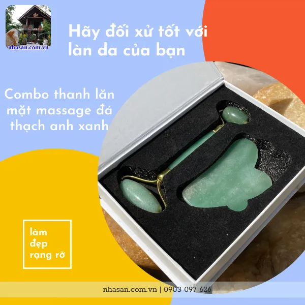 Combo thanh lăn mặt massage đá thạch anh xanh
