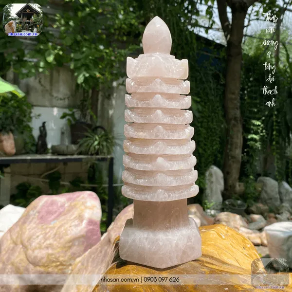 Tháp văn xương 9 tầng đá thạch anh hồng nặng 2.04kg, cao 24cm - TVX08
