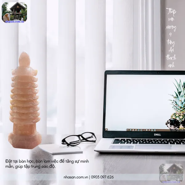 Tháp văn xương 9 tầng đá thạch anh hồng nặng 2.04kg, cao 24cm - TVX08