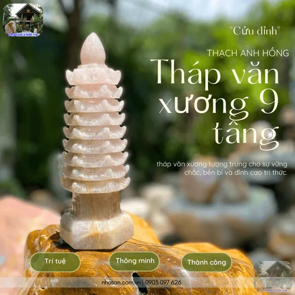 Tháp văn xương 9 tầng đá thạch anh hồng nặng 1.7kg, cao 24cm - TVX10 