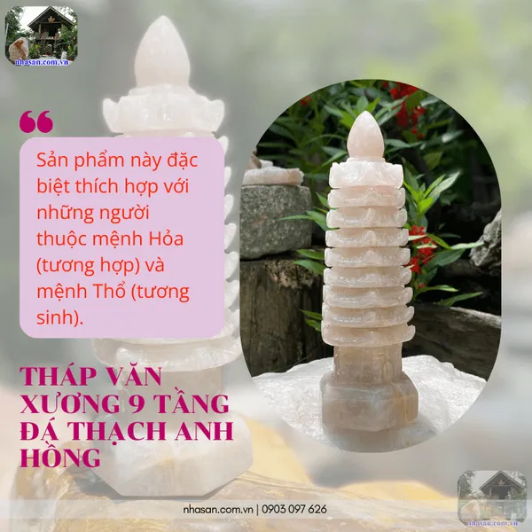 Tháp văn xương 9 tầng đá thạch anh hồng nặng 1.7kg, cao 24cm - TVX10 