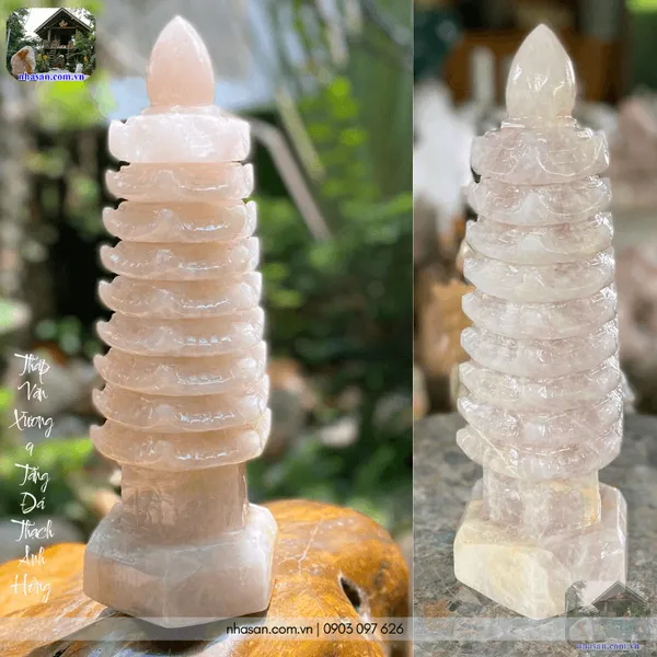 Tháp văn xương 9 tầng đá thạch anh hồng nặng 1.7kg, cao 24cm - TVX10 