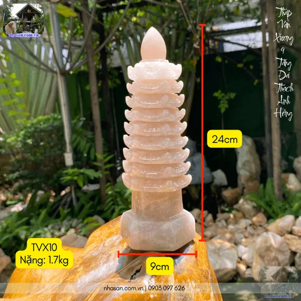 Tháp văn xương 9 tầng đá thạch anh hồng nặng 1.7kg, cao 24cm - TVX10 