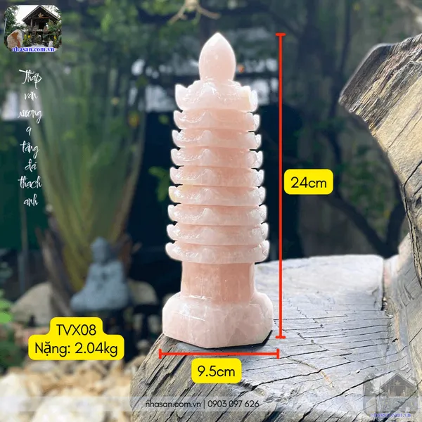 Tháp văn xương 9 tầng đá thạch anh hồng nặng 2.04kg, cao 24cm - TVX08