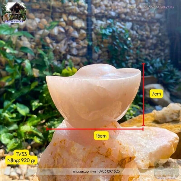 Thỏi vàng phong thủy thạch anh hồng TV53 920gr, dài 13cm x rộng 8cm x cao 7cm