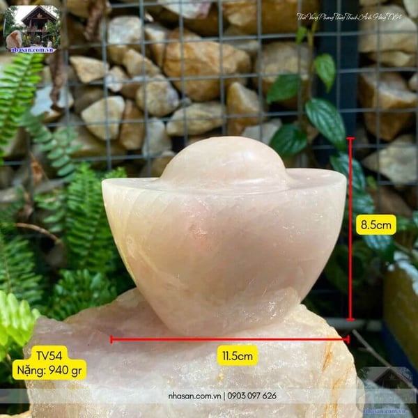 Thỏi vàng phong thủy thạch anh hồng TV54 940gr, dài 11.5cm x rộng 8cm x cao 8.5cm