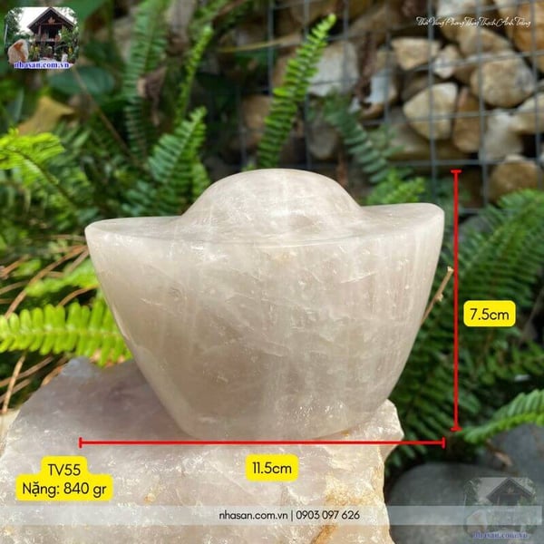 Thỏi vàng phong thủy thạch anh trắng TV55 840gr, dài 11.5cm x rộng 7.5cm x cao 7.5cm