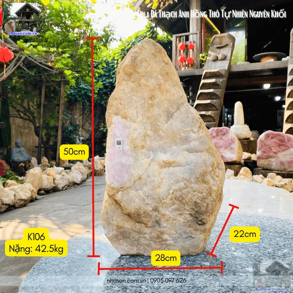 Trụ đá thạch anh hồng thô 42.5kg, cao 50cm x ngang 28cm x dày 22cm - K106