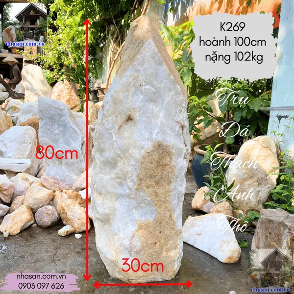 Trụ đá thạch anh thô K269 nặng 102kg, cao 80cm x ngang 30cm, hoành 100cm