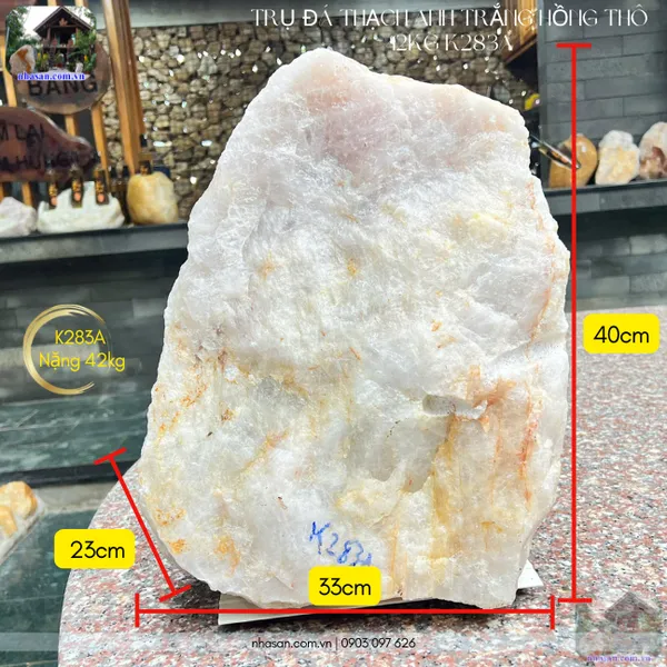 Trụ đá thạch anh trắng hồng thô 42kg, cao 40cm x ngang 33cm x rộng 23cm - K283A