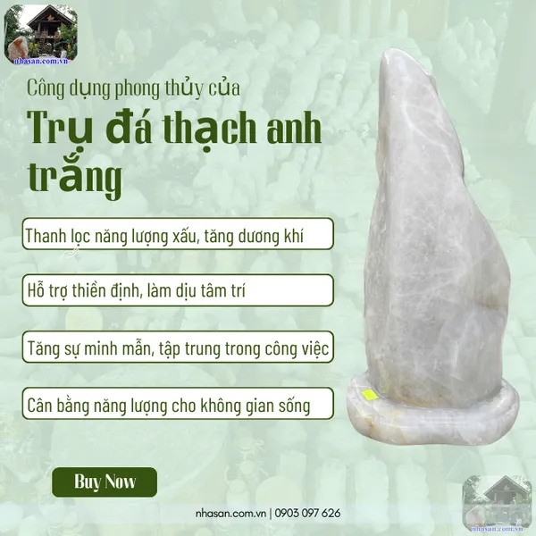Trụ đá thạch anh trắng T717 nặng 13kg, cao 38cm x ngang 15.5cm x dày 15.5cm