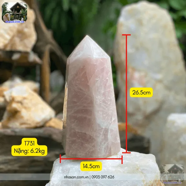 Trụ lục giác thạch anh hồng nặng 6.2kg, cao 26.5cm x ngang 14.5cm - T731 