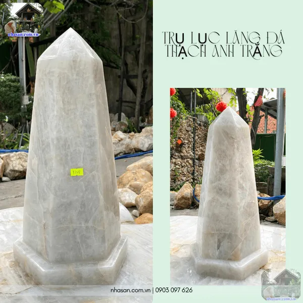 Trụ lục lăng đá thạch anh trắng nặng 18.6kg, cao 42cm x ngang 20cm - T718 