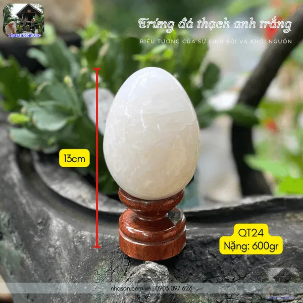 Trứng đá thạch anh trắng QT24 nặng 600gr, cao 13cm
