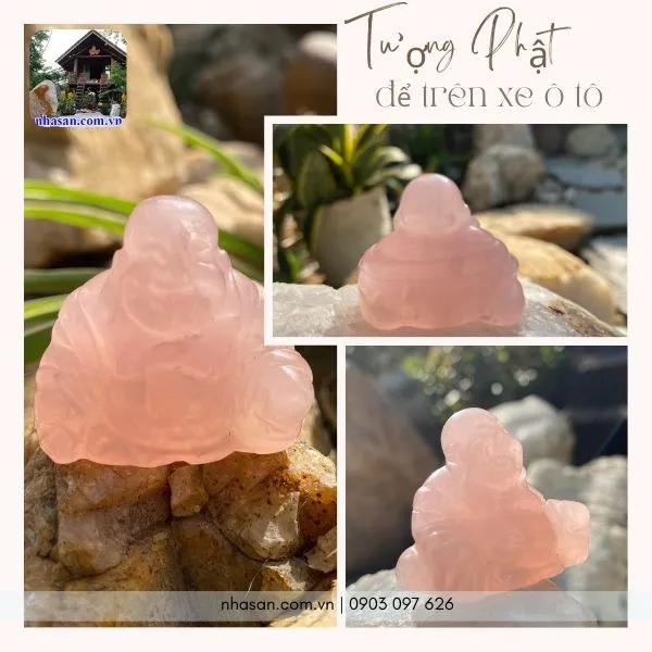 Tượng Phật Di Lặc thạch anh hồng để trên xe ô tô nặng 30g, cao 3.4cm x ngang 4cm x dày 2.2cm -TP20