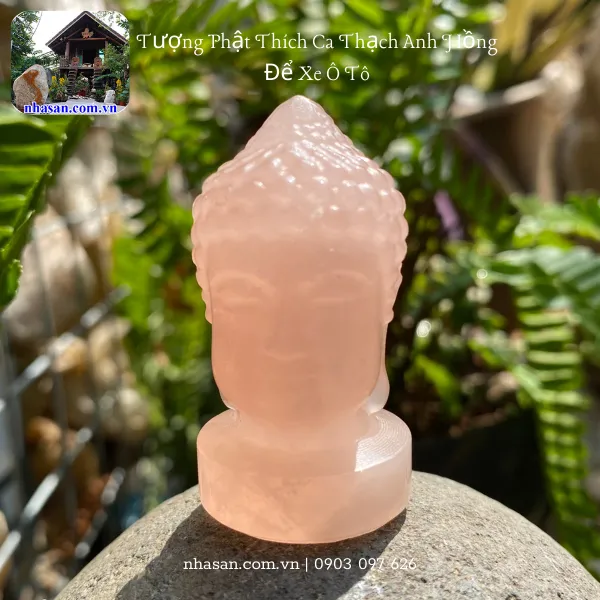 Tượng Phật Thích Ca thạch anh hồng để xe ô tô TP12, nặng 50g, kích thước cao 5cm x ngang 2,7cm