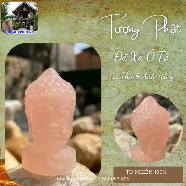 Tượng Phật Thích Ca thạch anh hồng để xe ô tô TP12, nặng 50g, kích thước cao 5cm x ngang 2,7cm