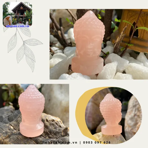 Tượng Phật Thích Ca thạch anh hồng để xe ô tô TP12, nặng 50g, kích thước cao 5cm x ngang 2,7cm