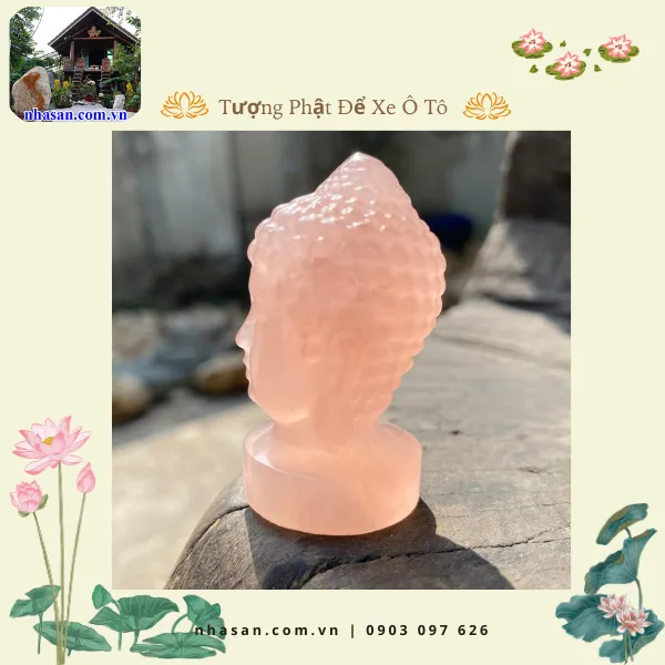 Tượng Phật Thích Ca thạch anh hồng để xe ô tô TP12, nặng 50g, kích thước cao 5cm x ngang 2,7cm