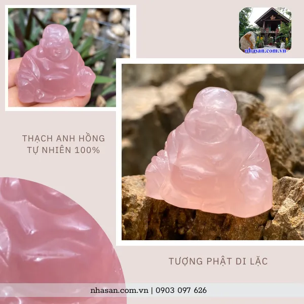 Tượng Phật Di Lặc để trên xe ô tô thạch anh hồng TP15 , nặng 40g, kích thước: cao 3,4cm x ngang 4cm x dày 2,2cm
