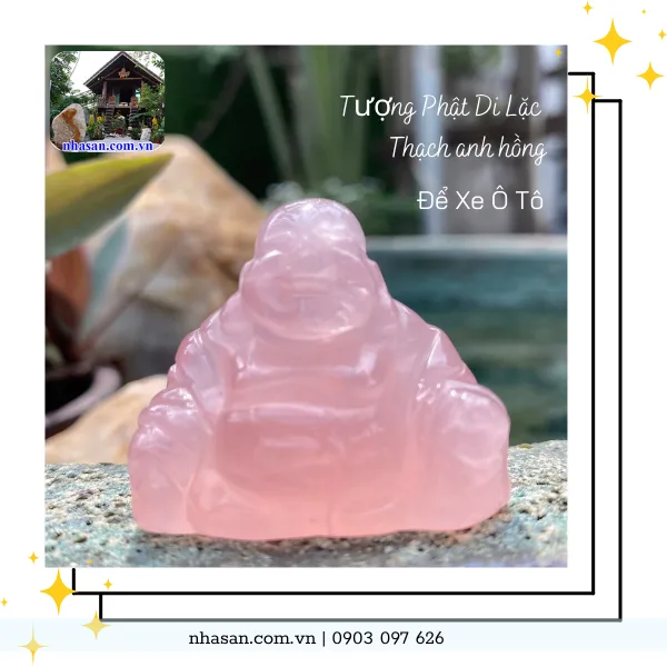 Tượng Phật Di Lặc để trên xe ô tô thạch anh hồng TP15 , nặng 40g, kích thước: cao 3,4cm x ngang 4cm x dày 2,2cm