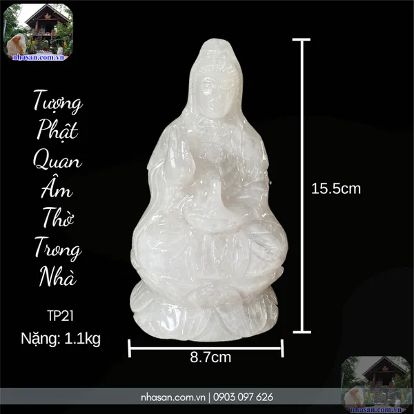 Tượng Phật Quan Âm thờ trong nhà nặng 1.1kg, cao 15.5cm x ngang 8.7cm x dày 7.2cm - TP21