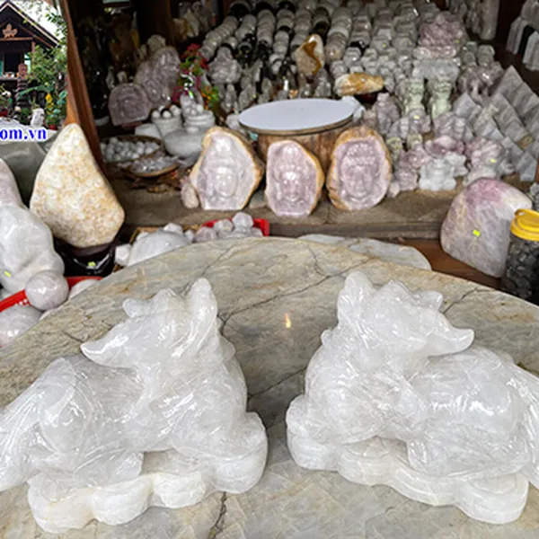 Cặp tỳ hưu đá thạch anh trắng tự nhiên phong thủy - Linh vật chiêu tài, hút lộc, trấn trạch