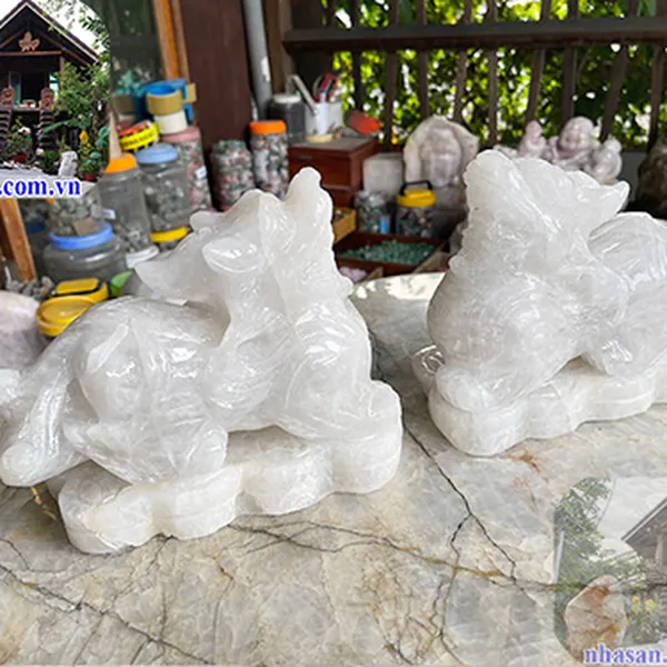 Cặp tỳ hưu đá thạch anh trắng tự nhiên phong thủy - Linh vật chiêu tài, hút lộc, trấn trạch
