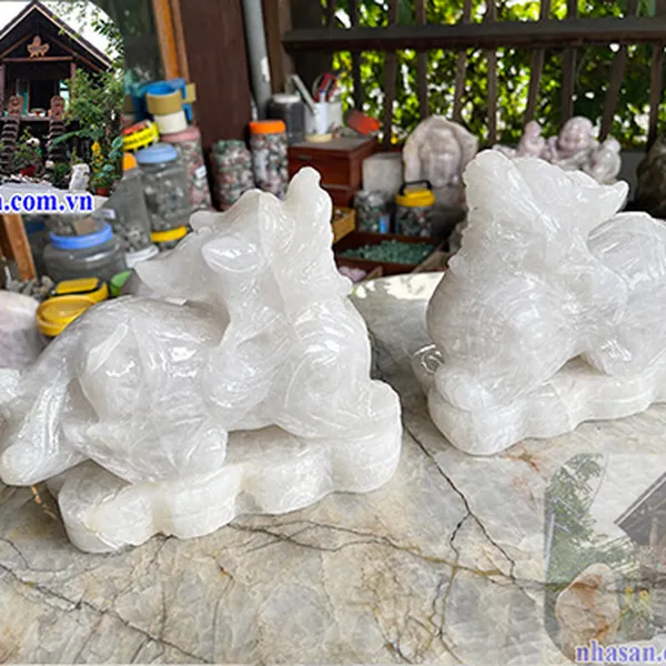 Cặp tỳ hưu đá thạch anh trắng tự nhiên phong thủy - Linh vật chiêu tài, hút lộc, trấn trạch