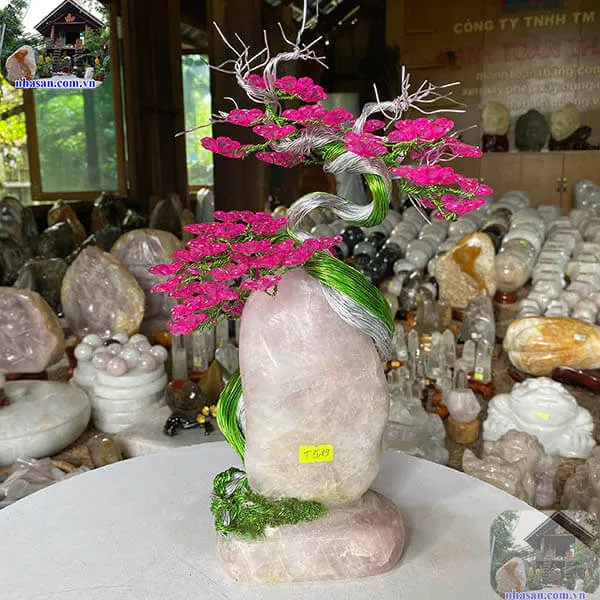 Bonsai dây đồng đá thạch anh hồng dáng hoa đào nở rộ