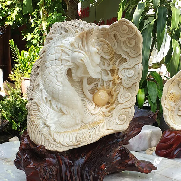 Vỏ Sò Tai Tượng Hóa Thạch Điêu Khắc Tượng Rồng Chầu Ngọc