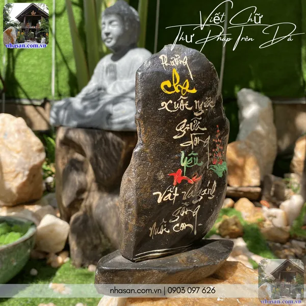 Viết chữ thư pháp trên đá DKC03 nặng 940gr, kích thước: cao 19cm x ngang 10cm 