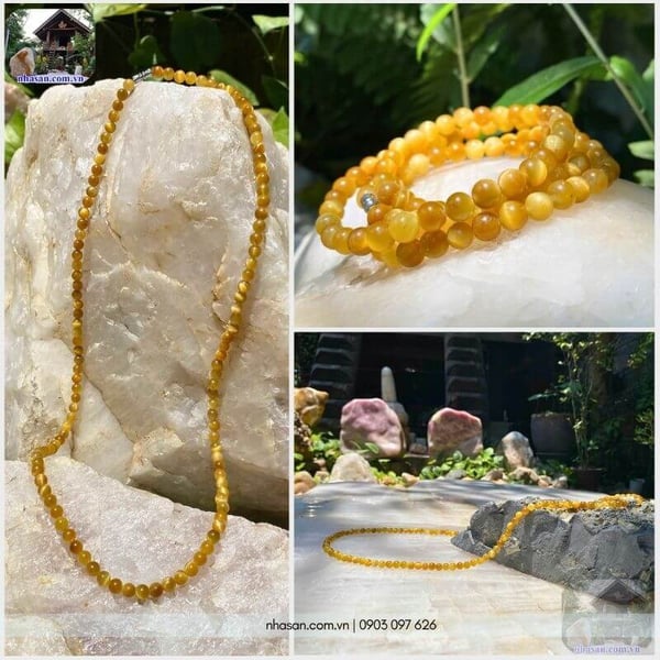 Vòng cổ đá mắt hổ tâm vàng tươi 6.5ly 108 hạt