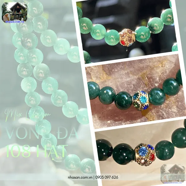 Vòng đá 108 hạt lam ngọc 7ly mix charm ngũ sắc