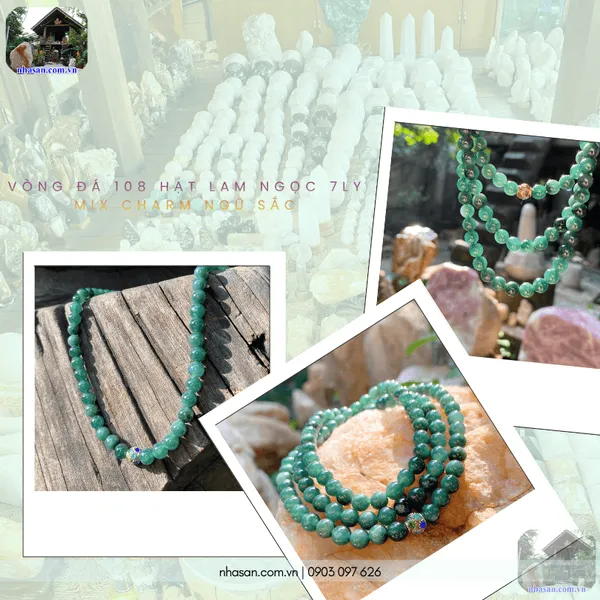 Vòng đá 108 hạt lam ngọc 7ly mix charm ngũ sắc