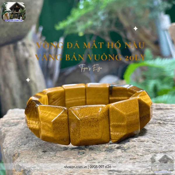 Vòng đá mắt hổ nâu vàng bản vuông 20ly, vòng phong thủy nam chiêu tài lộc, hộ mệnh